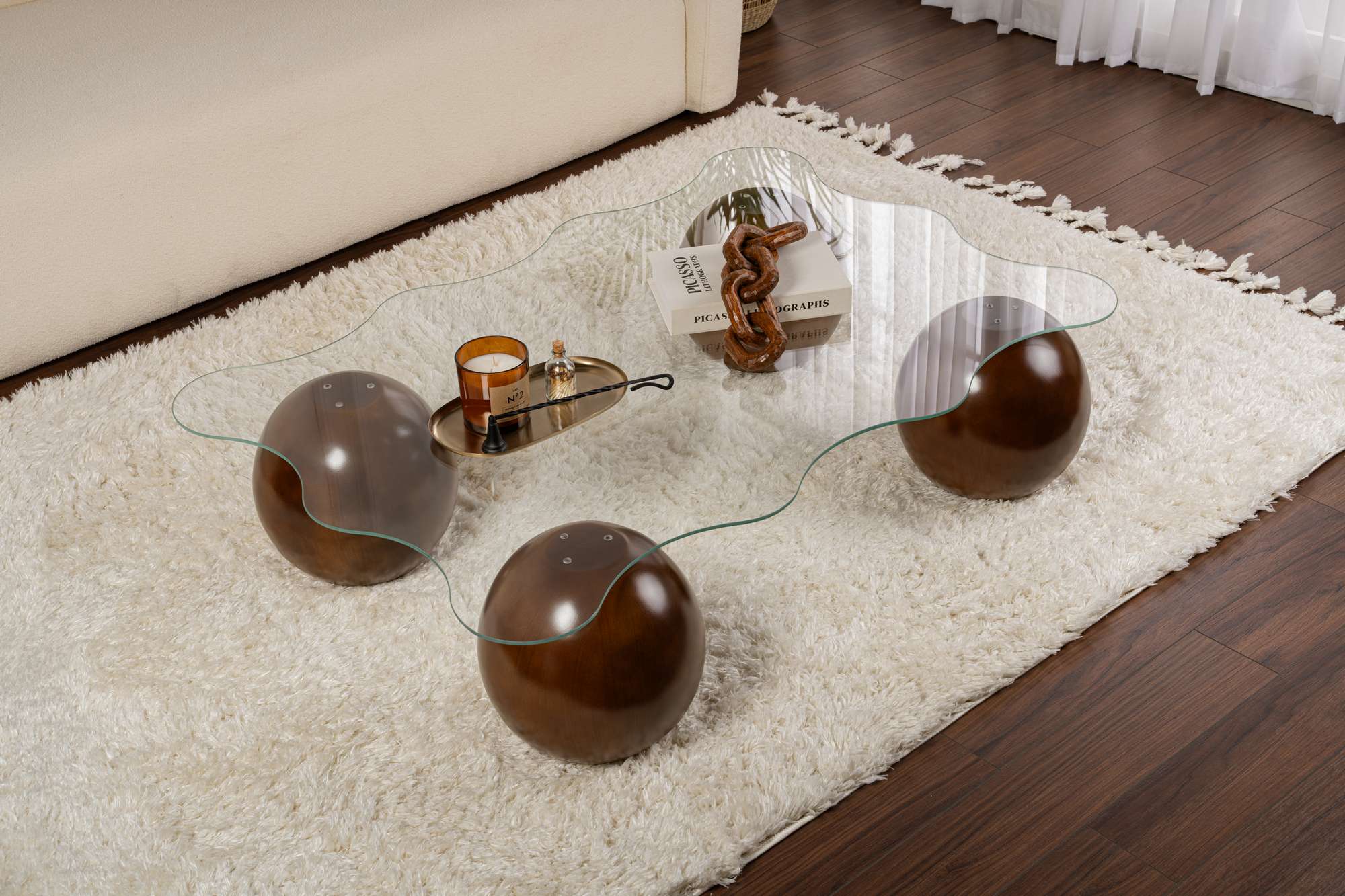 Coffee Table Trevano - Tempered Glass Tabletop with Wave Silhouette