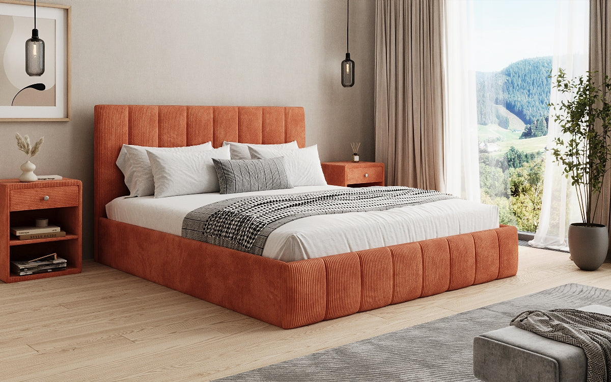 Designer upholstered bed Mila in Corduroy with storage