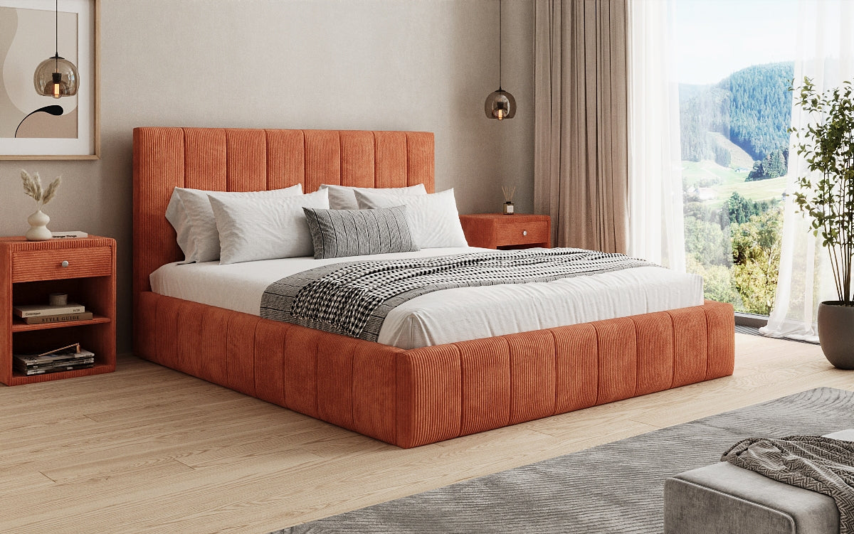 Designer upholstered bed Maja in Corduroy with storage