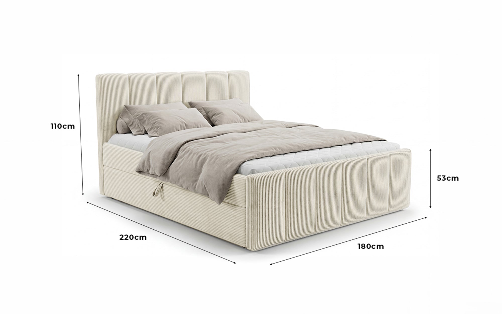 Siena box spring bed with lift-up storage in Corduroy