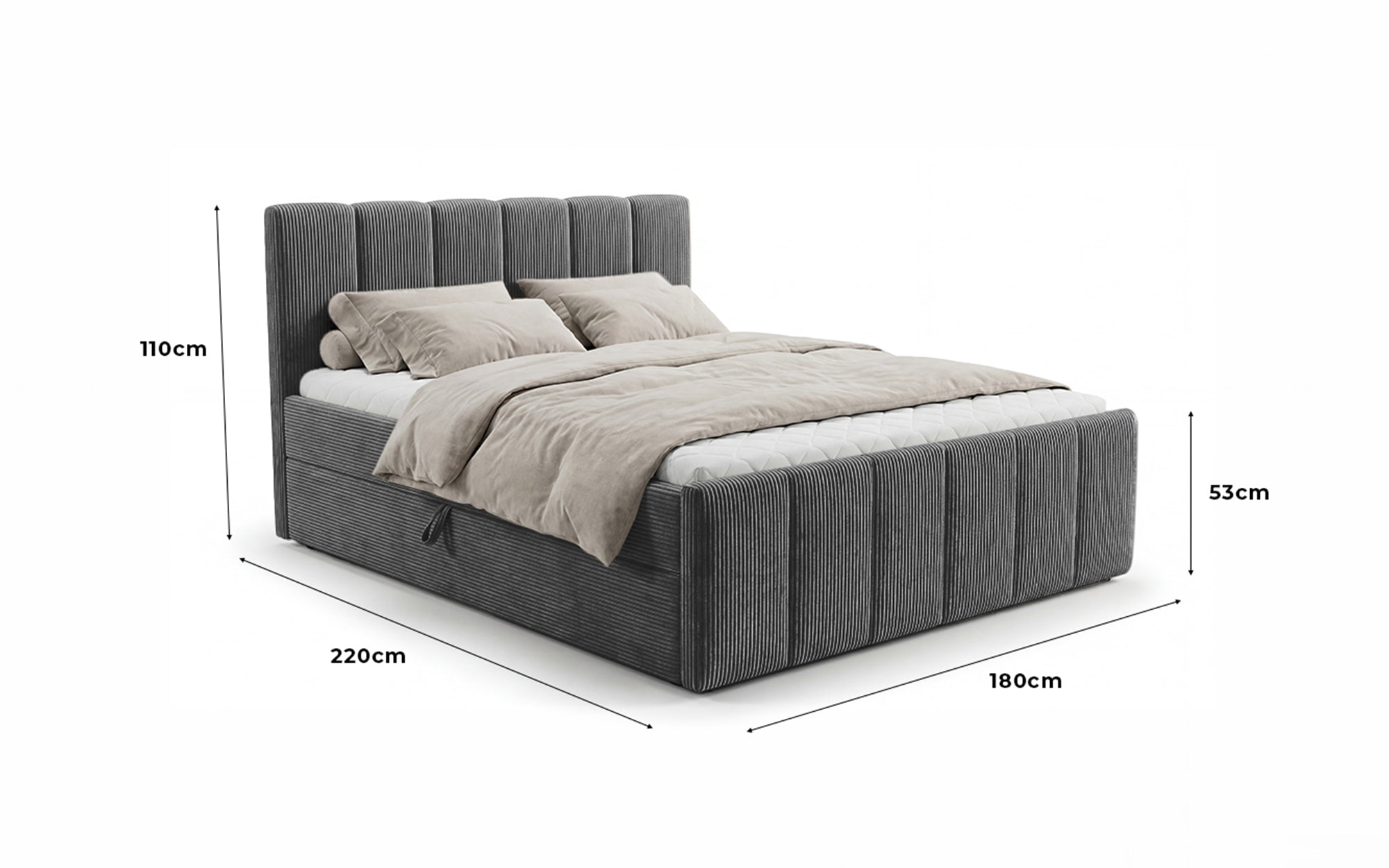 Siena box spring bed with lift-up storage in Corduroy