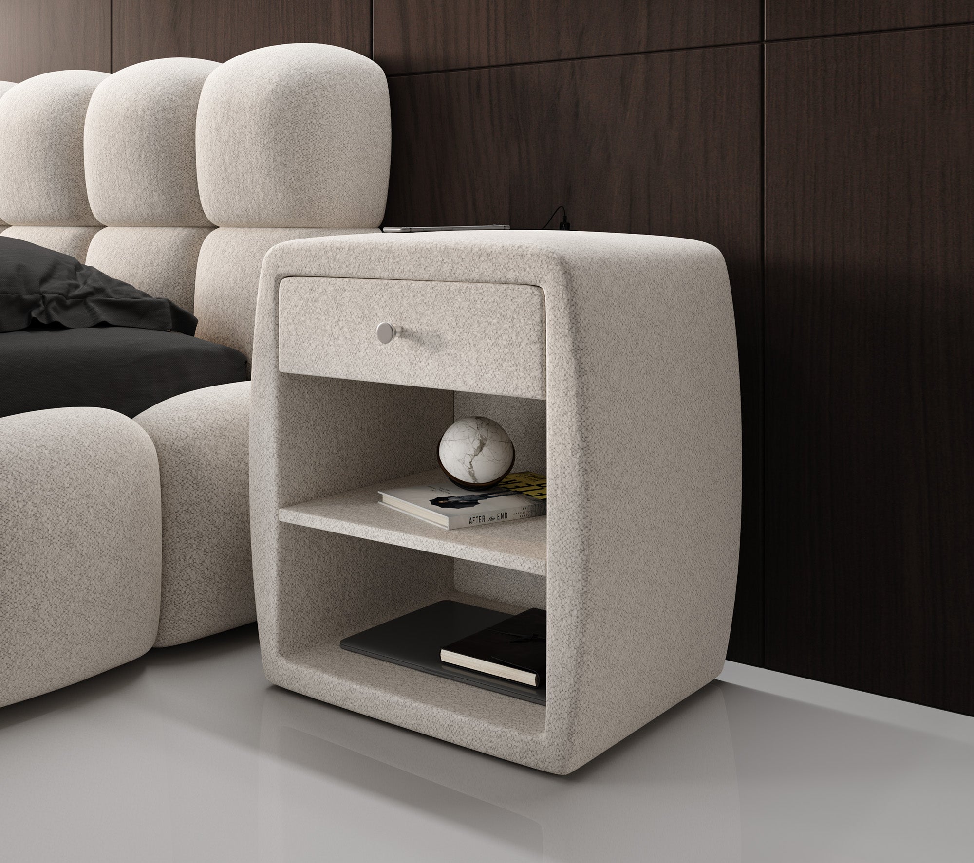 Designer Nachttisch Lilly mit USB Anschluss in Strukturstoff
