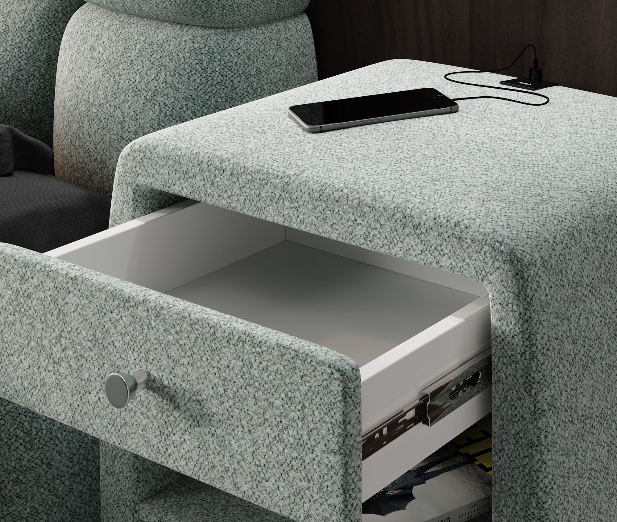 Designer Nachttisch Lilly mit USB Anschluss in Strukturstoff