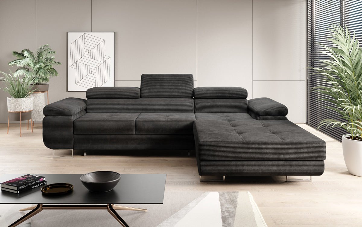 Designer sofa Calvera with sleep and folding function in Corduroy