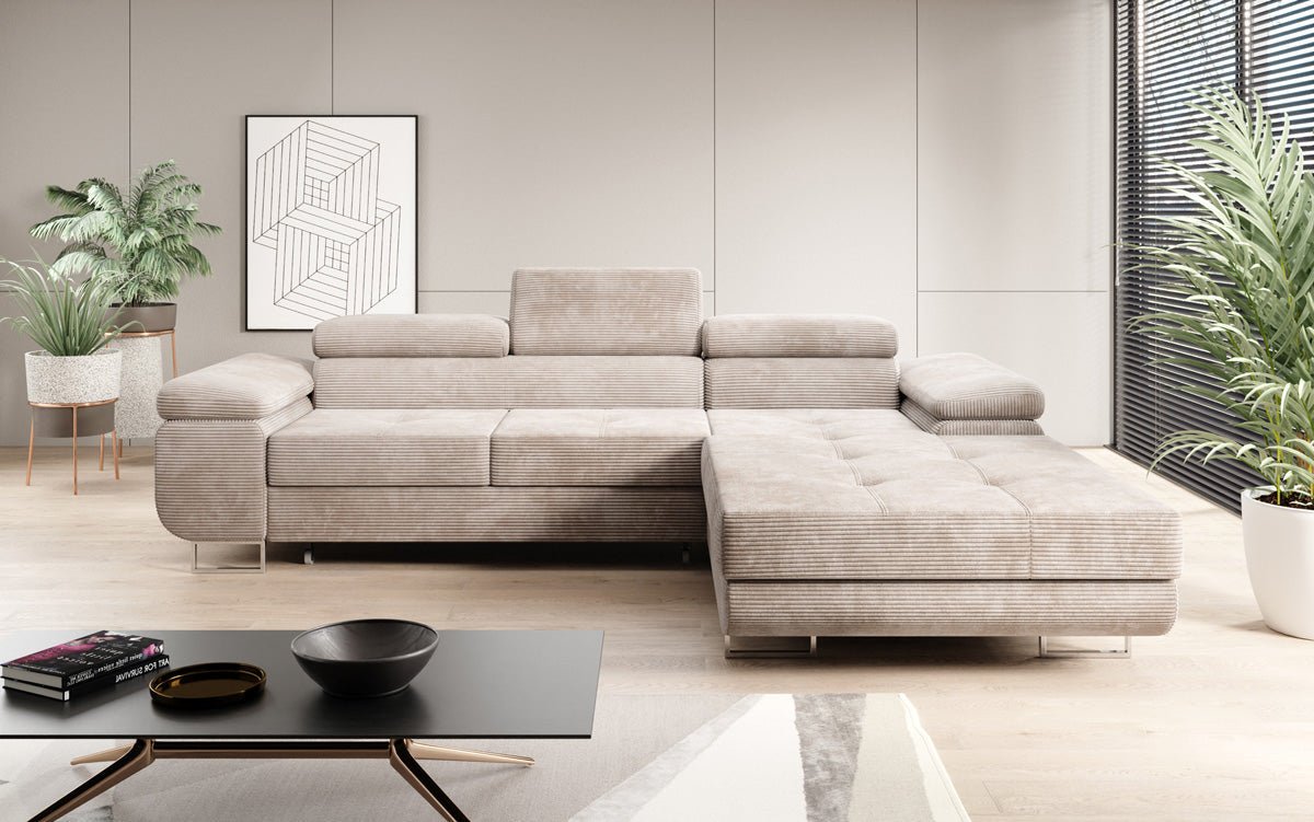 Designer sofa Calvera with sleep and folding function in Corduroy