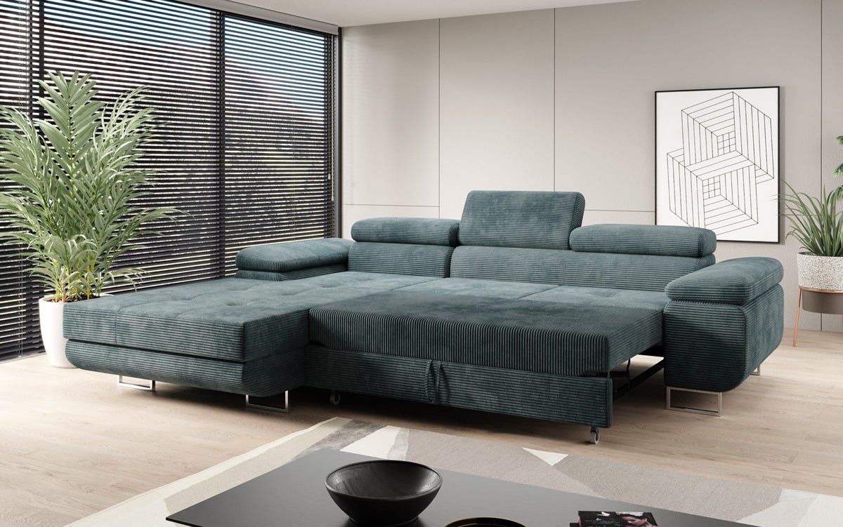 Designer sofa Calvera with sleep and folding function in Corduroy