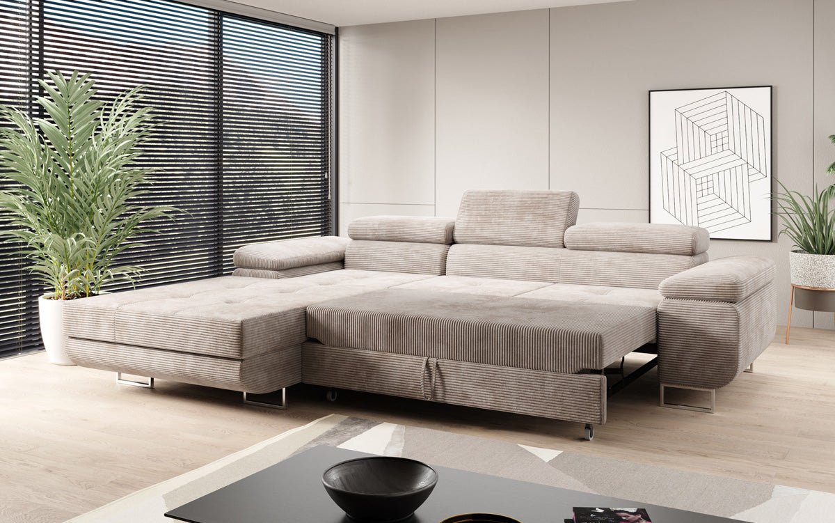 Designer sofa Calvera with sleep and folding function in Corduroy