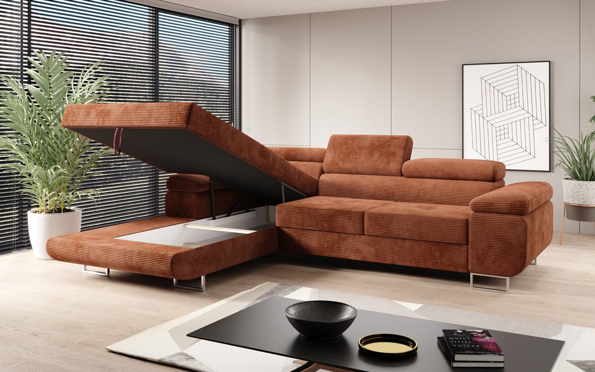 Designer sofa Calvera with sleep and folding function in Corduroy