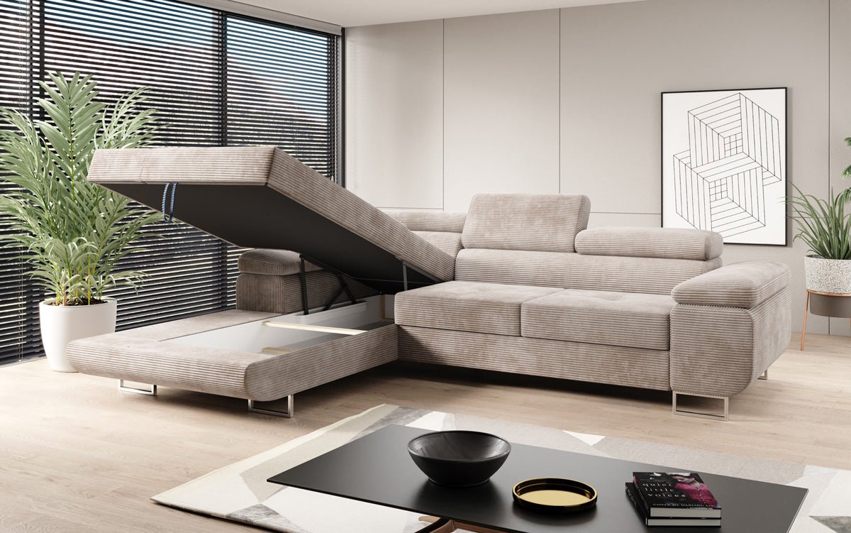 Designer sofa Calvera with sleep and folding function in Corduroy