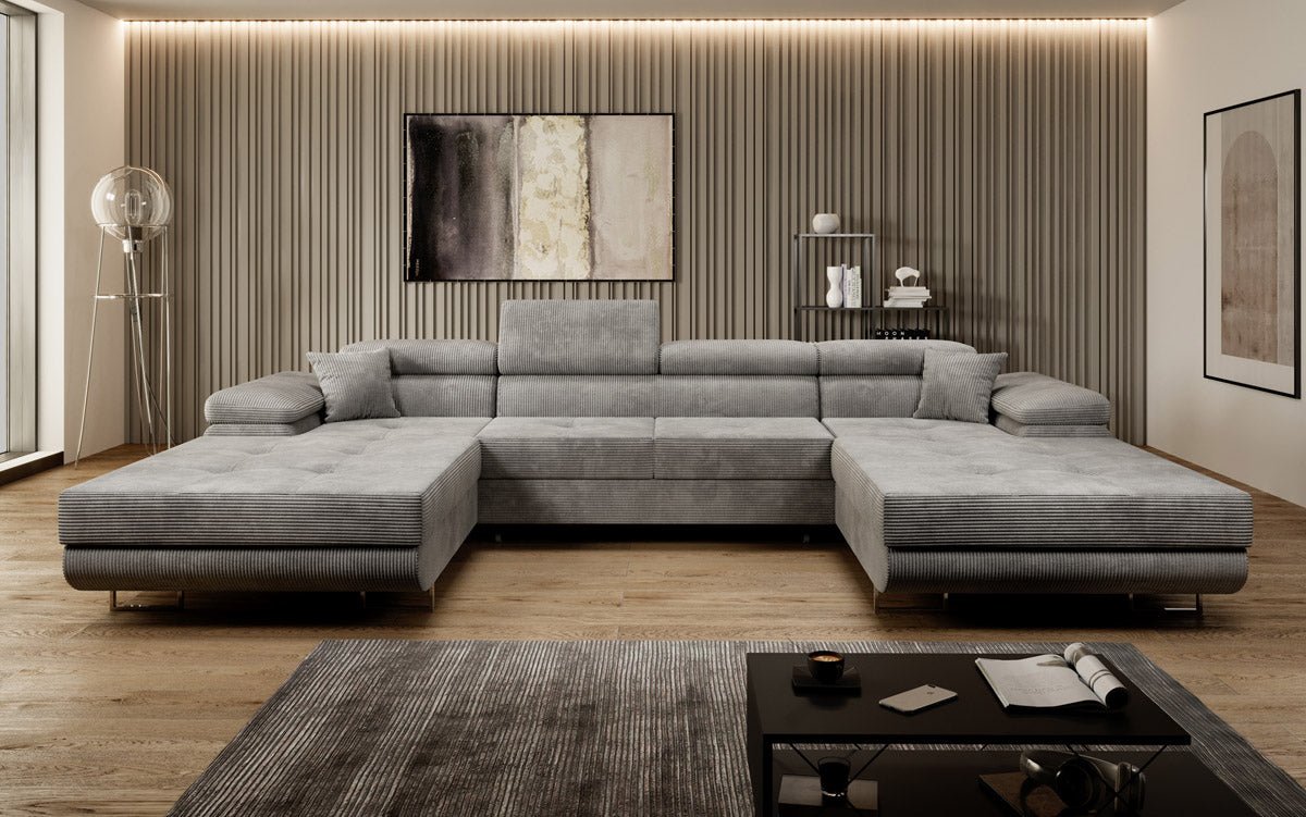 Designer Sofa Calvera U mit Schlaf- und Klappfunktion in Cord
