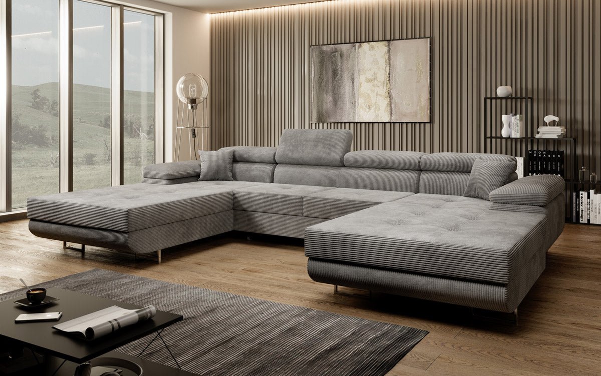 Designer Sofa Calvera U mit Schlaf- und Klappfunktion in Cord