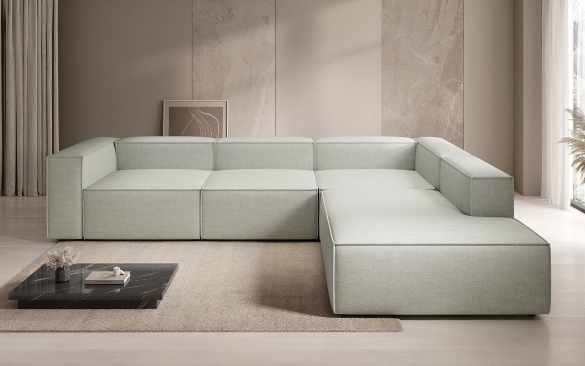 Designer corner sofa Lesley with long ottoman in linen look