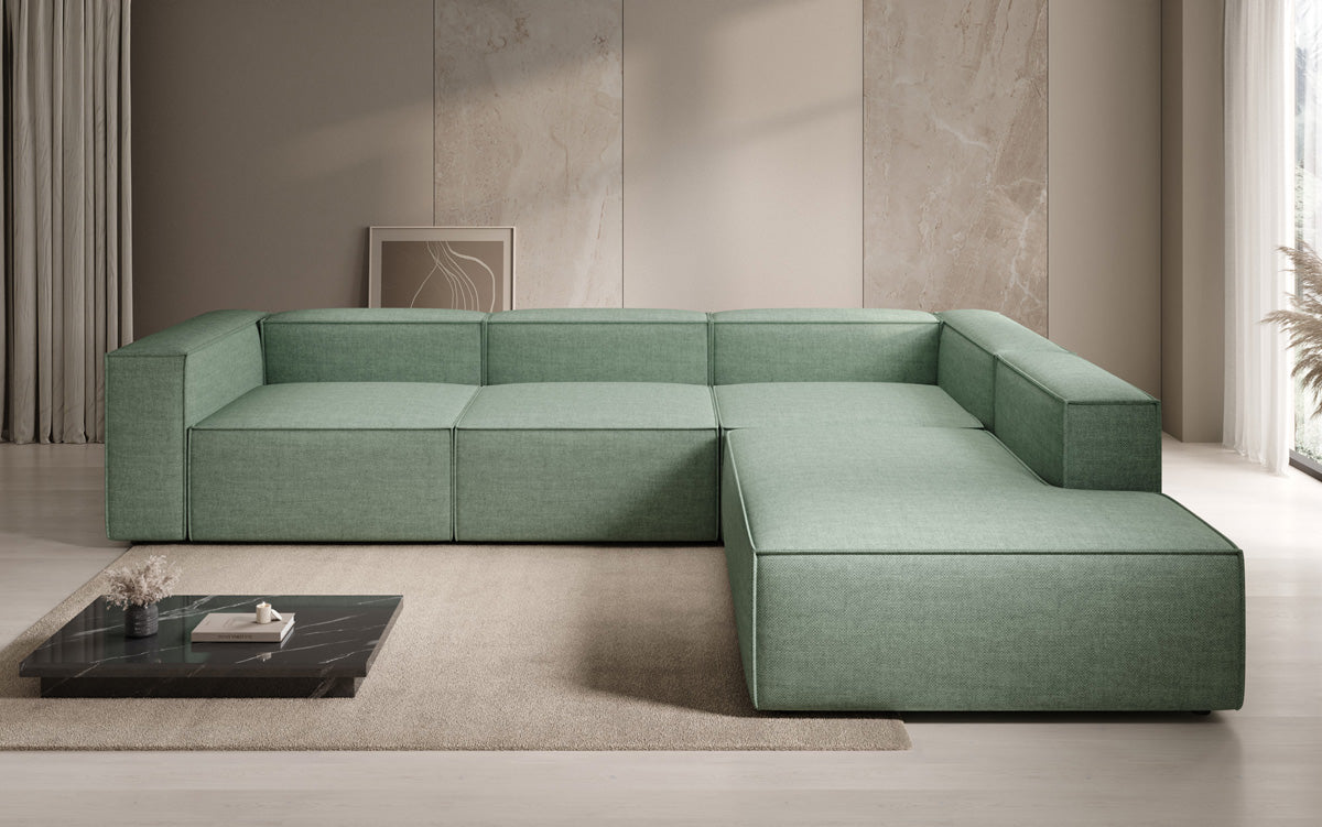 Designer corner sofa Lesley with long ottoman in linen look