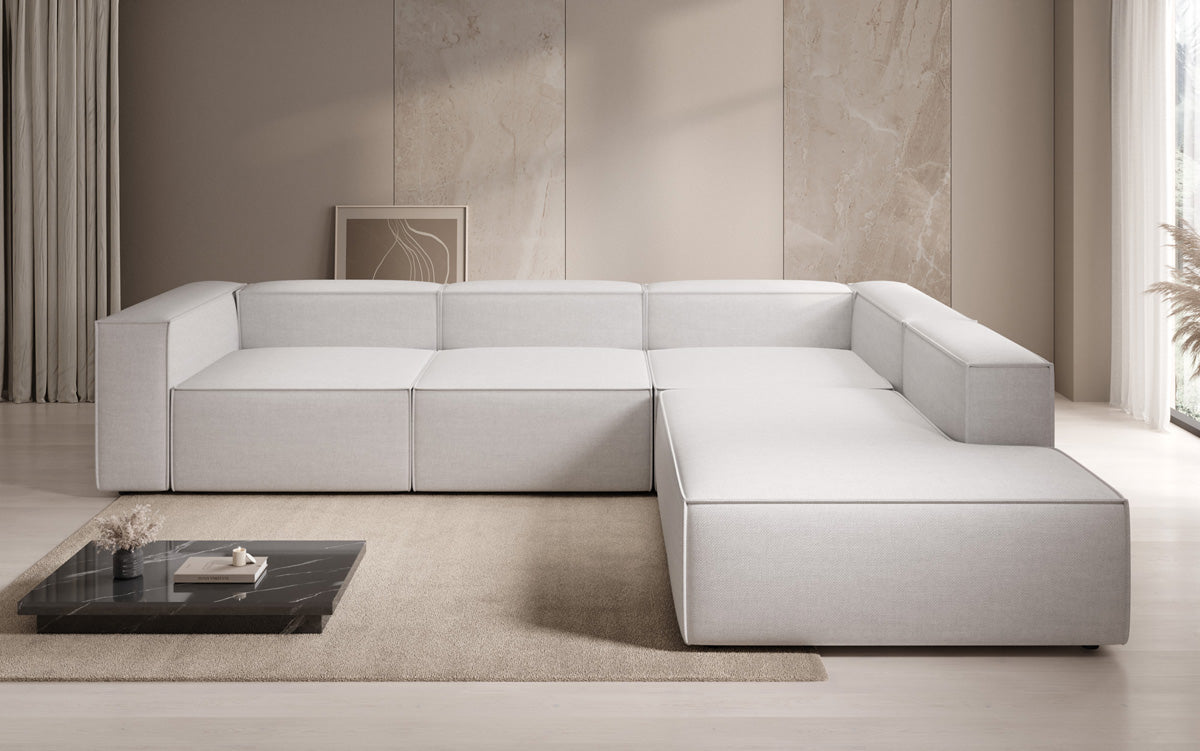 Designer corner sofa Lesley with long ottoman in linen look