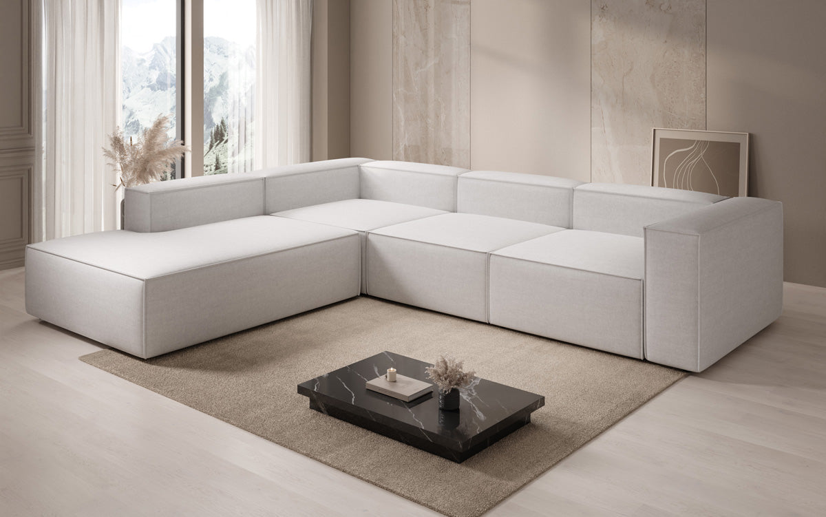 Designer corner sofa Lesley with long ottoman in linen look