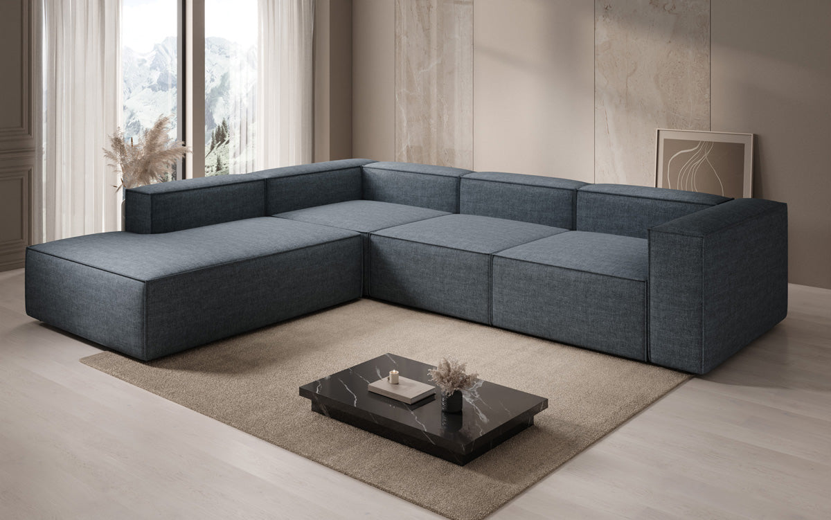 Designer corner sofa Lesley with long ottoman in linen look