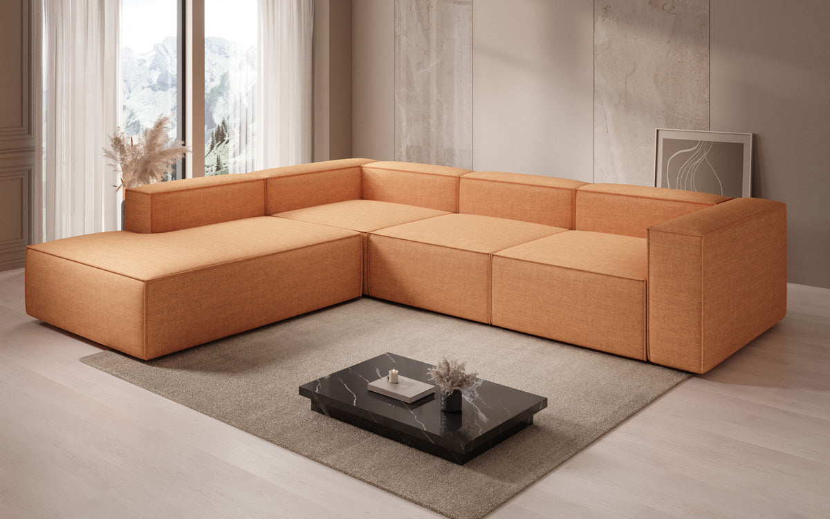 Designer corner sofa Lesley with long ottoman in linen look