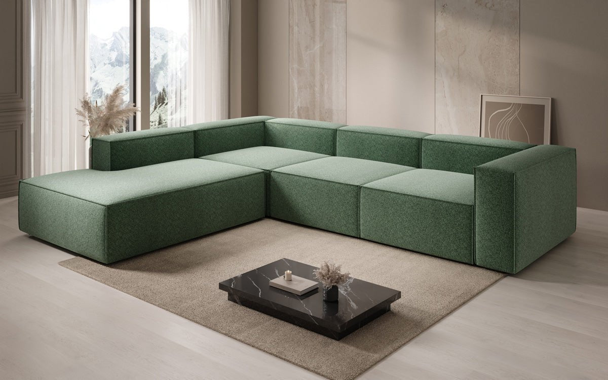 Designer Sofa Lesley L mit langer Ottomane in Strukturstoff