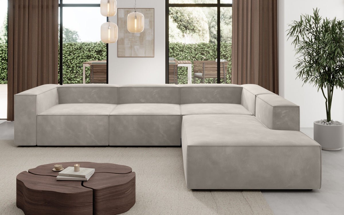 Designer Sofa Lesley L with long ottoman in velvet
