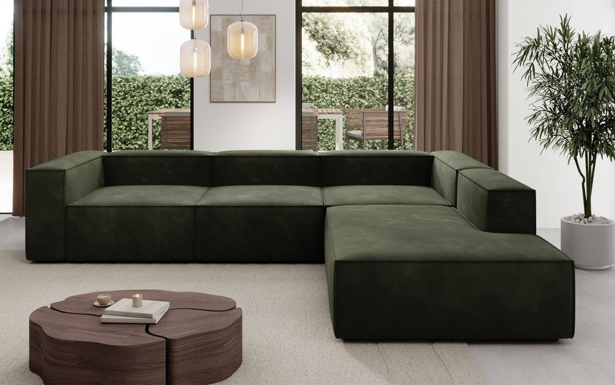Designer Sofa Lesley L with long ottoman in velvet