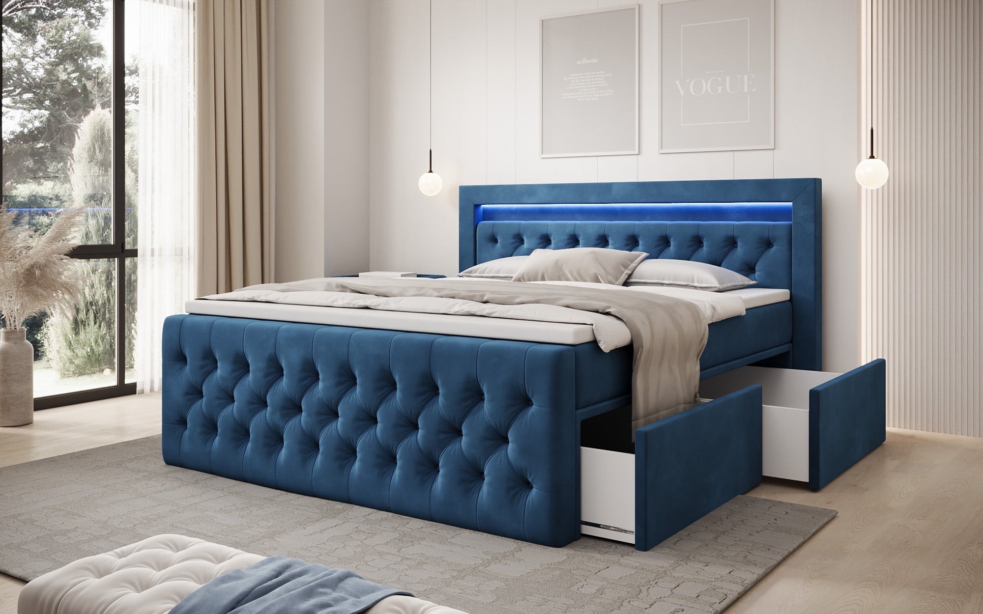 Boxspringbett Menzogna Samt mit LED und Stauraum (2 Schubladen)