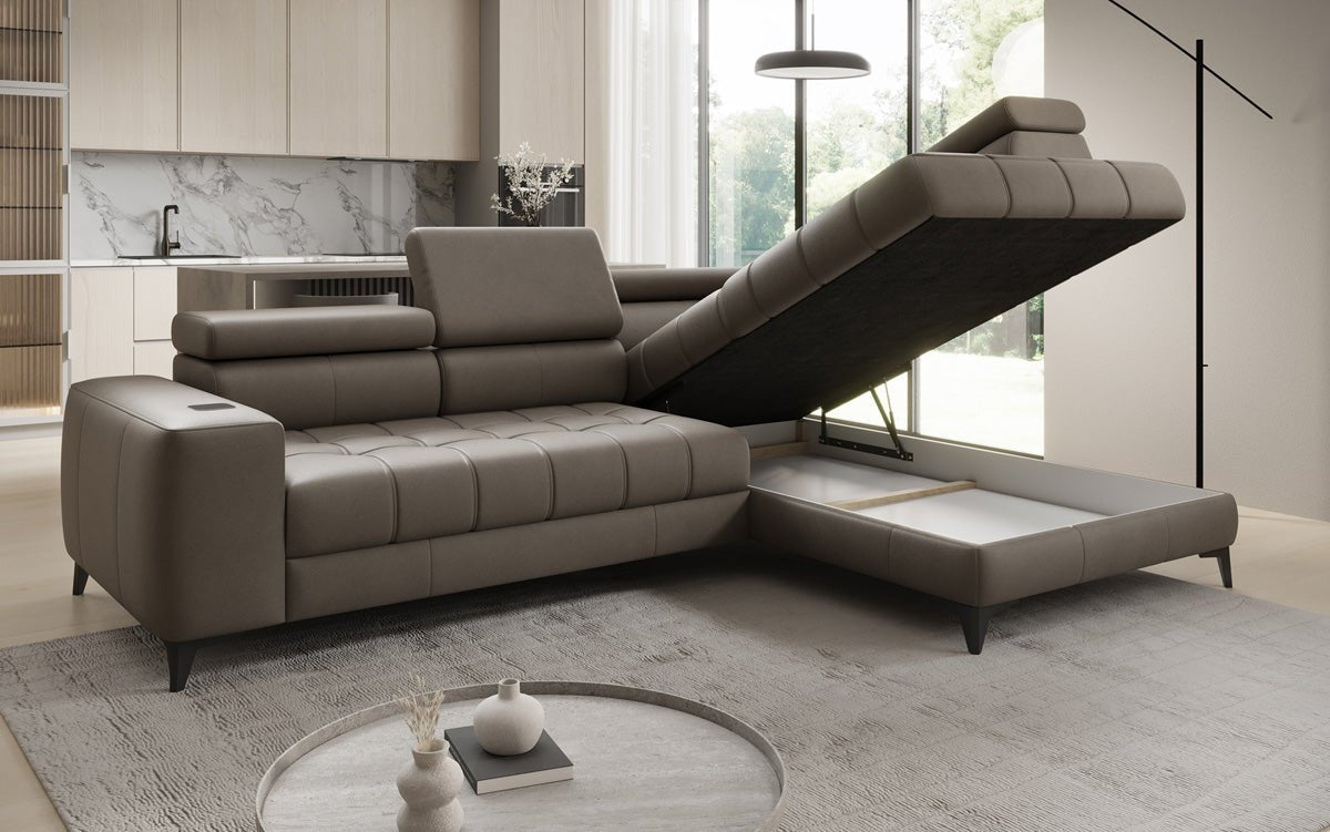 Designer L Sofa Seluna with electric sleeping function, induction, and storage in genuine leather