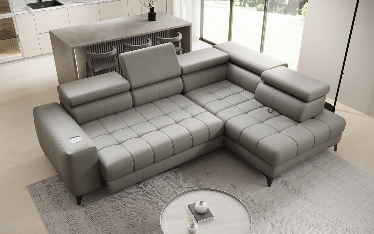Designer L Sofa Seluna with electric sleeping function, induction, and storage in genuine leather