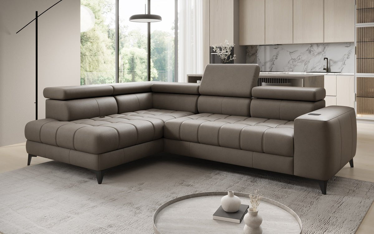 Designer L Sofa Seluna with electric sleeping function, induction, and storage in genuine leather