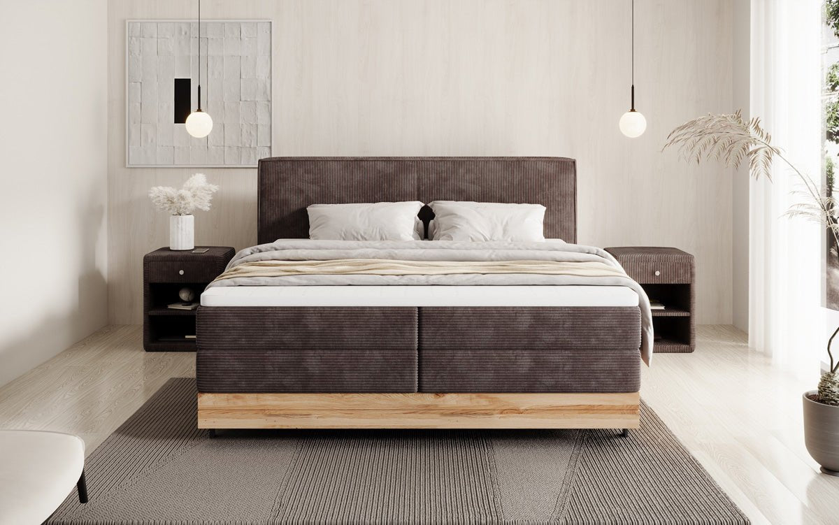 Wooden bed/box spring bed Nero with storage in corduroy