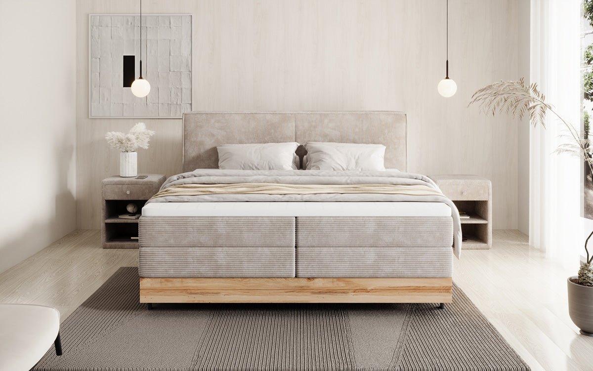 Wooden bed/box spring bed Nero with storage in corduroy