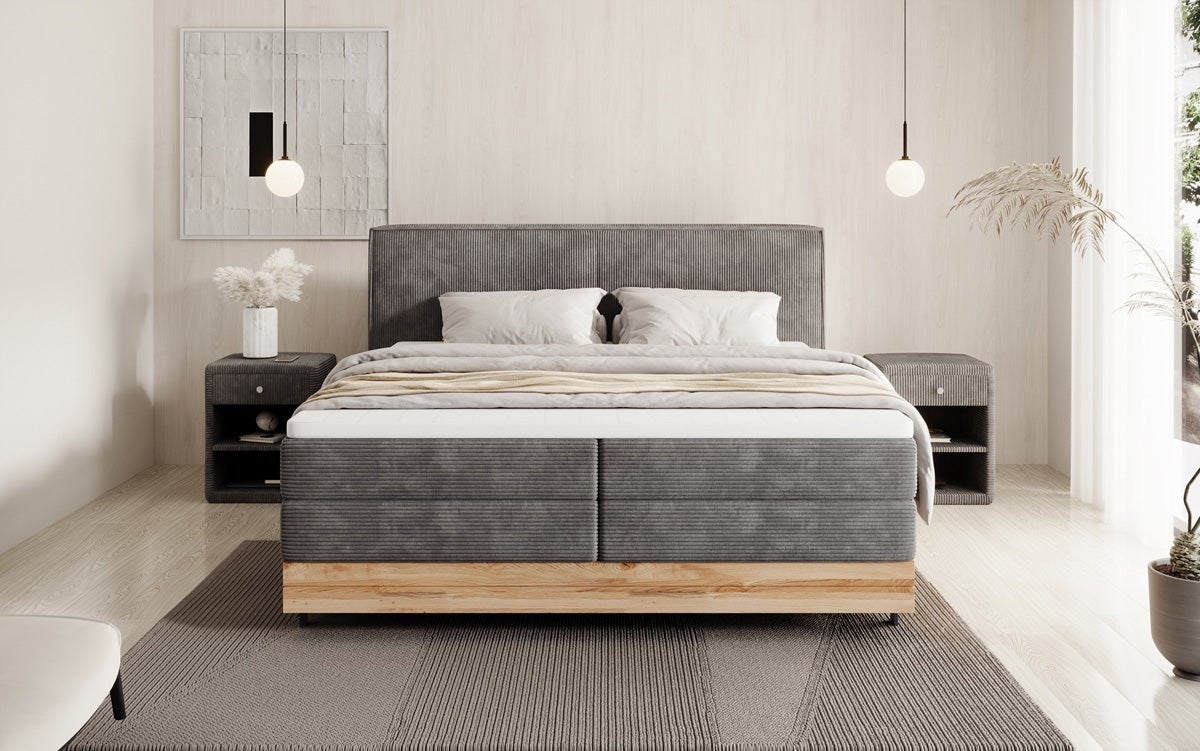Wooden bed/box spring bed Nero with storage in corduroy