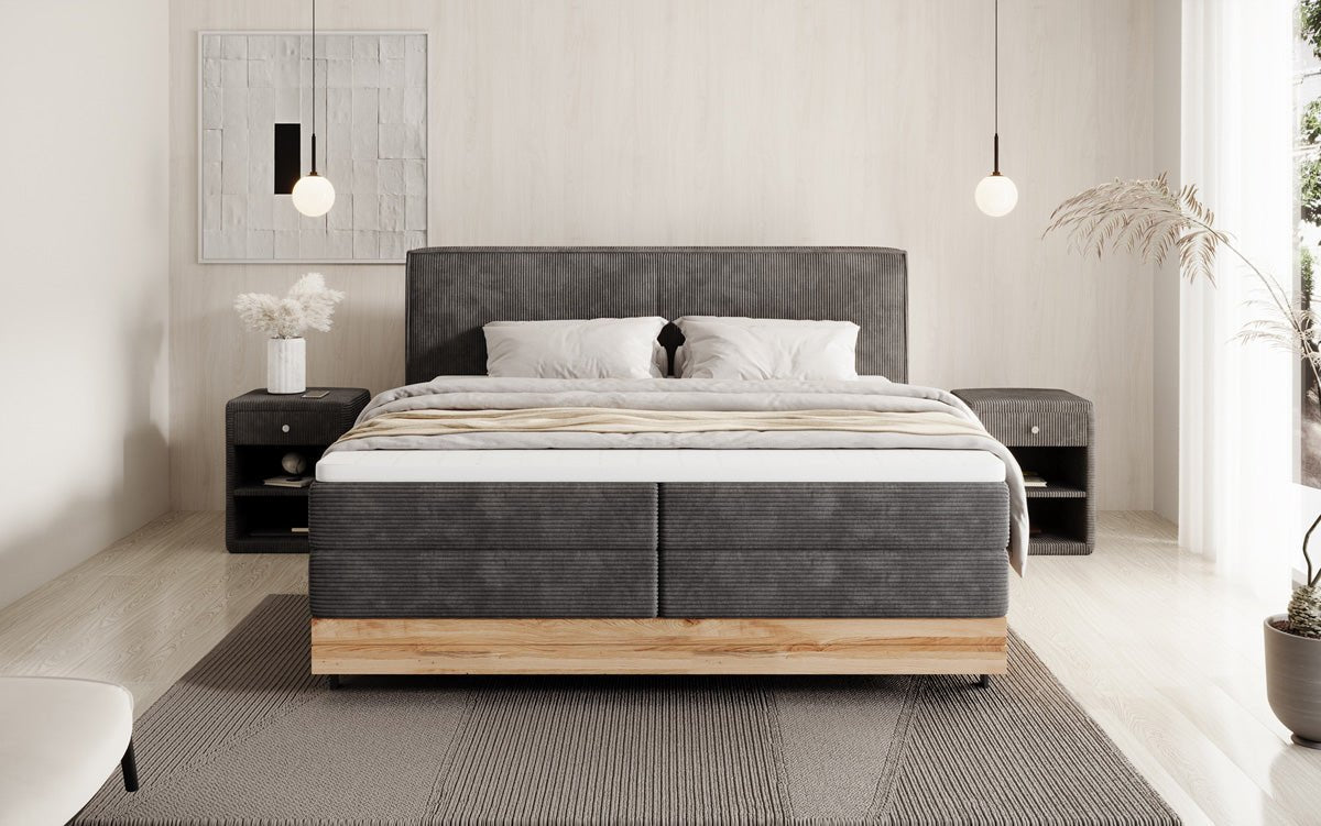Wooden bed/box spring bed Nero with storage in corduroy