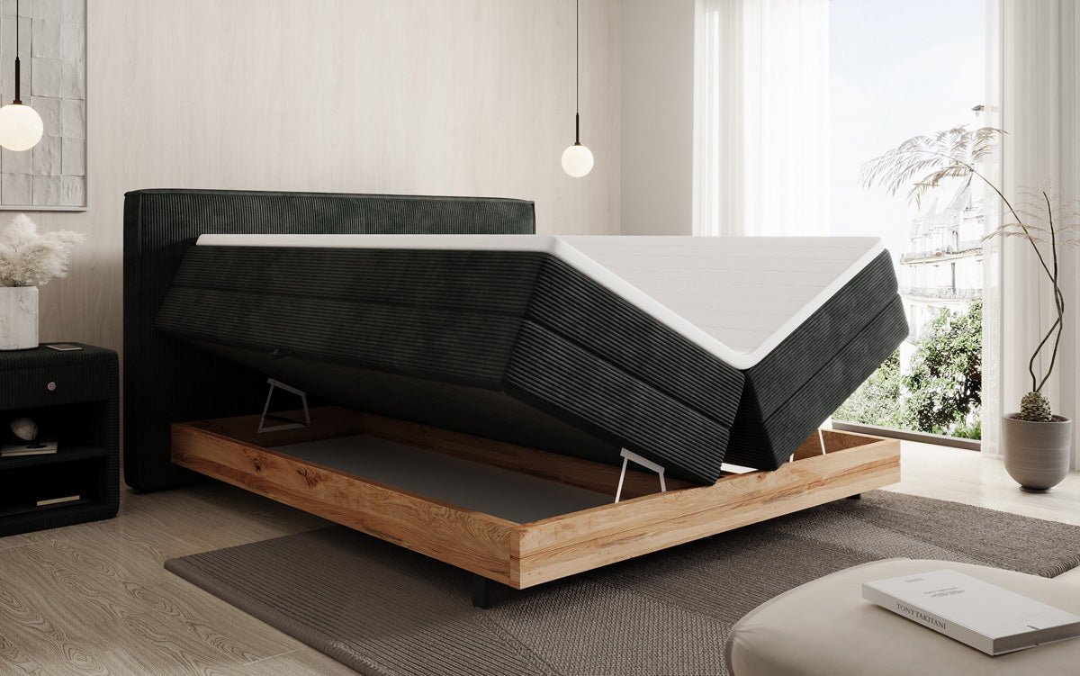 Wooden bed/box spring bed Nero with storage in corduroy