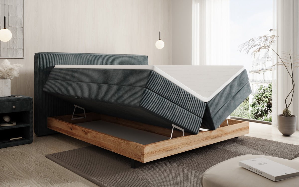 Wooden bed/box spring bed Nero with storage in corduroy