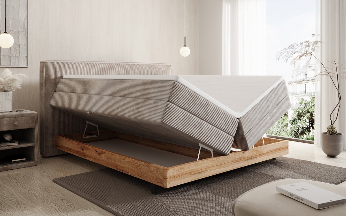 Wooden bed/box spring bed Nero with storage in corduroy
