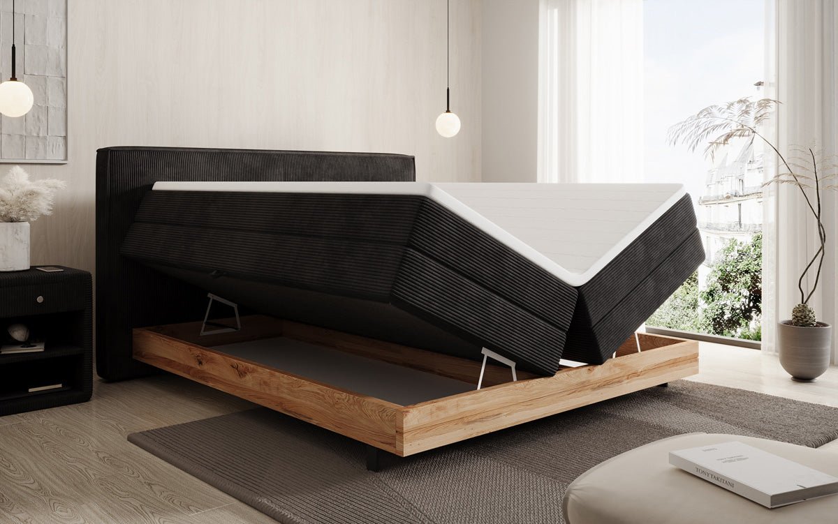 Wooden bed/box spring bed Nero with storage in corduroy