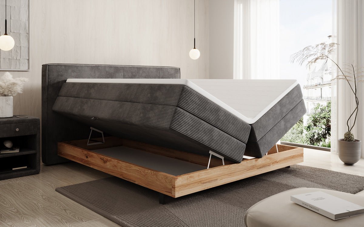 Wooden bed/box spring bed Nero with storage in corduroy