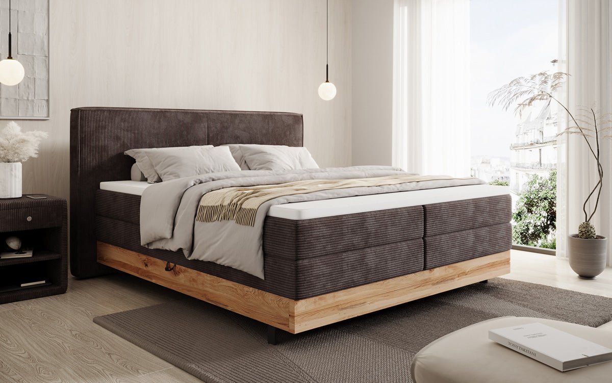 Wooden bed/box spring bed Nero with storage in corduroy
