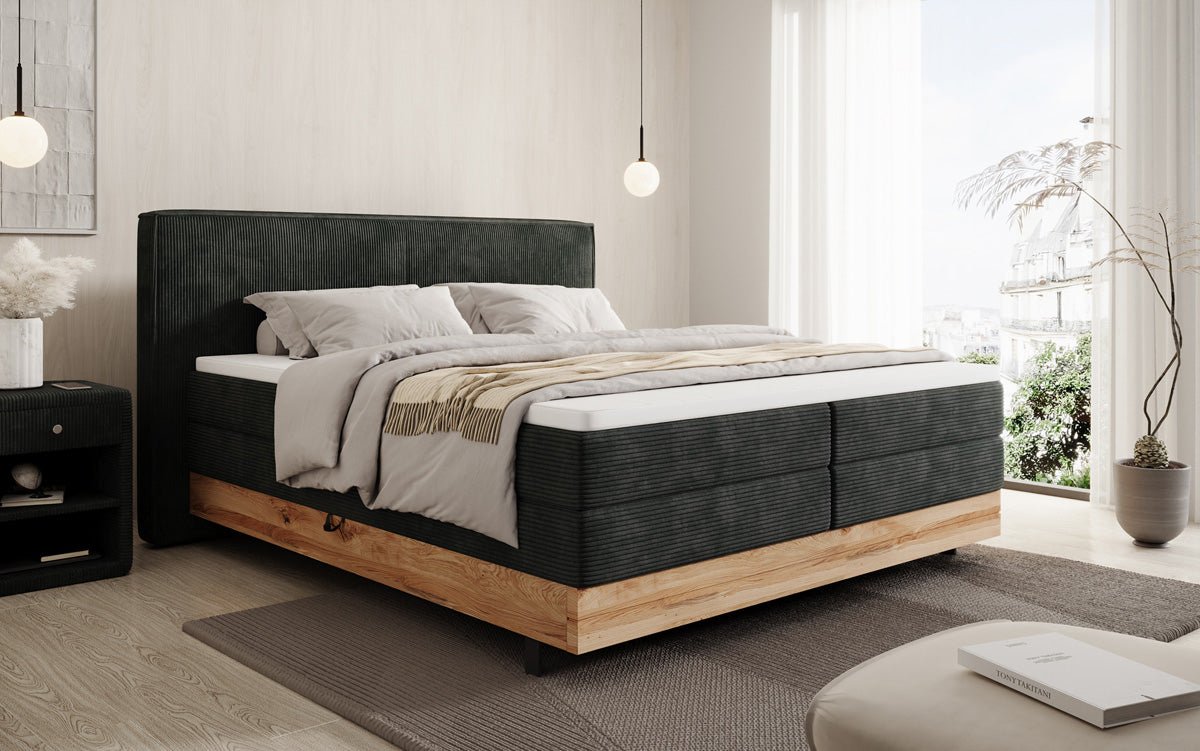 Wooden bed/box spring bed Nero with storage in corduroy