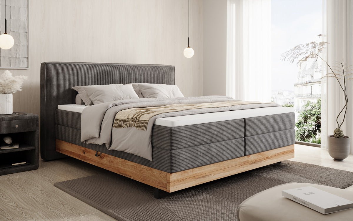 Wooden bed/box spring bed Nero with storage in corduroy