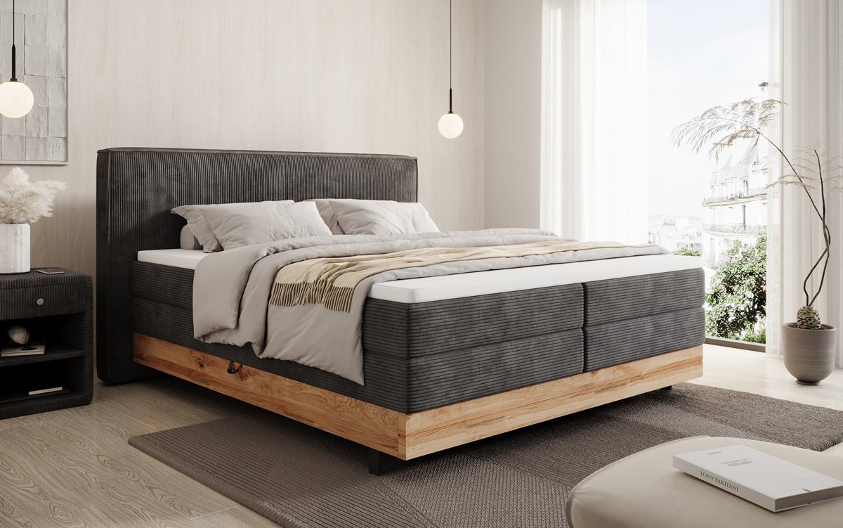 Wooden bed/box spring bed Nero with storage in corduroy