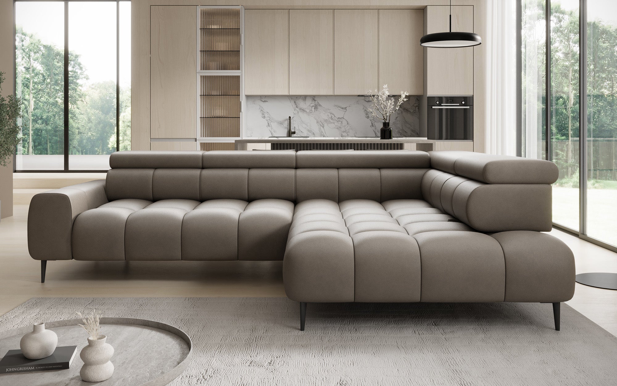 Designer Sofa Ceora L with electric sleeping function and adjustable backrest in genuine leather
