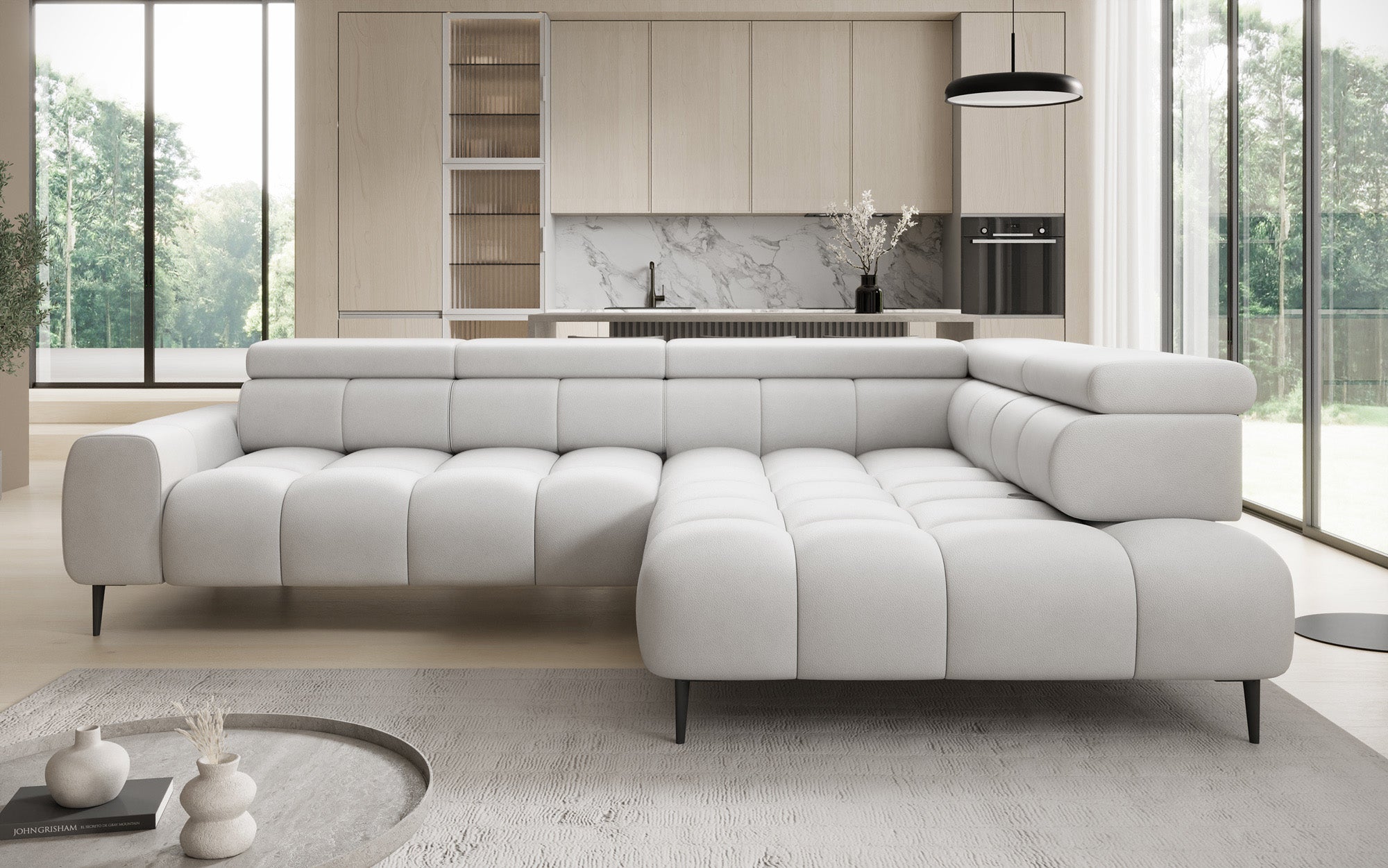 Designer Sofa Ceora L with electric sleeping function and adjustable backrest in genuine leather
