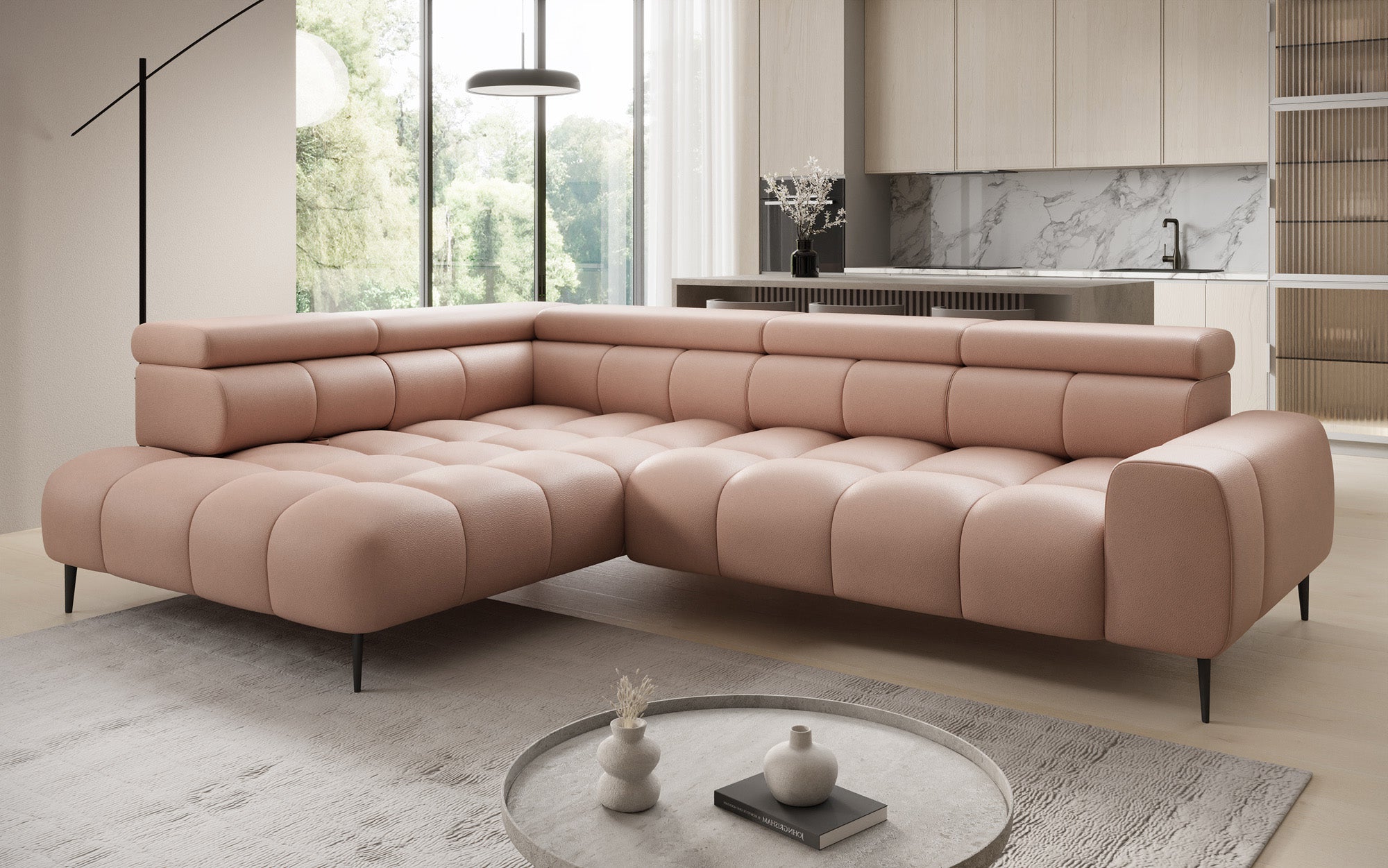 Designer Sofa Ceora L with electric sleeping function and adjustable backrest in genuine leather