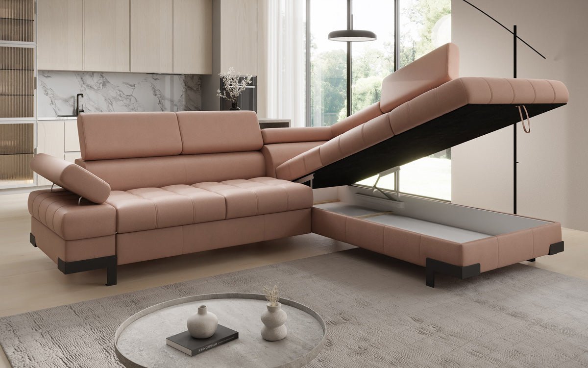 Designer L Sofa Noelia with Sleeping Function and Storage in Genuine Leather