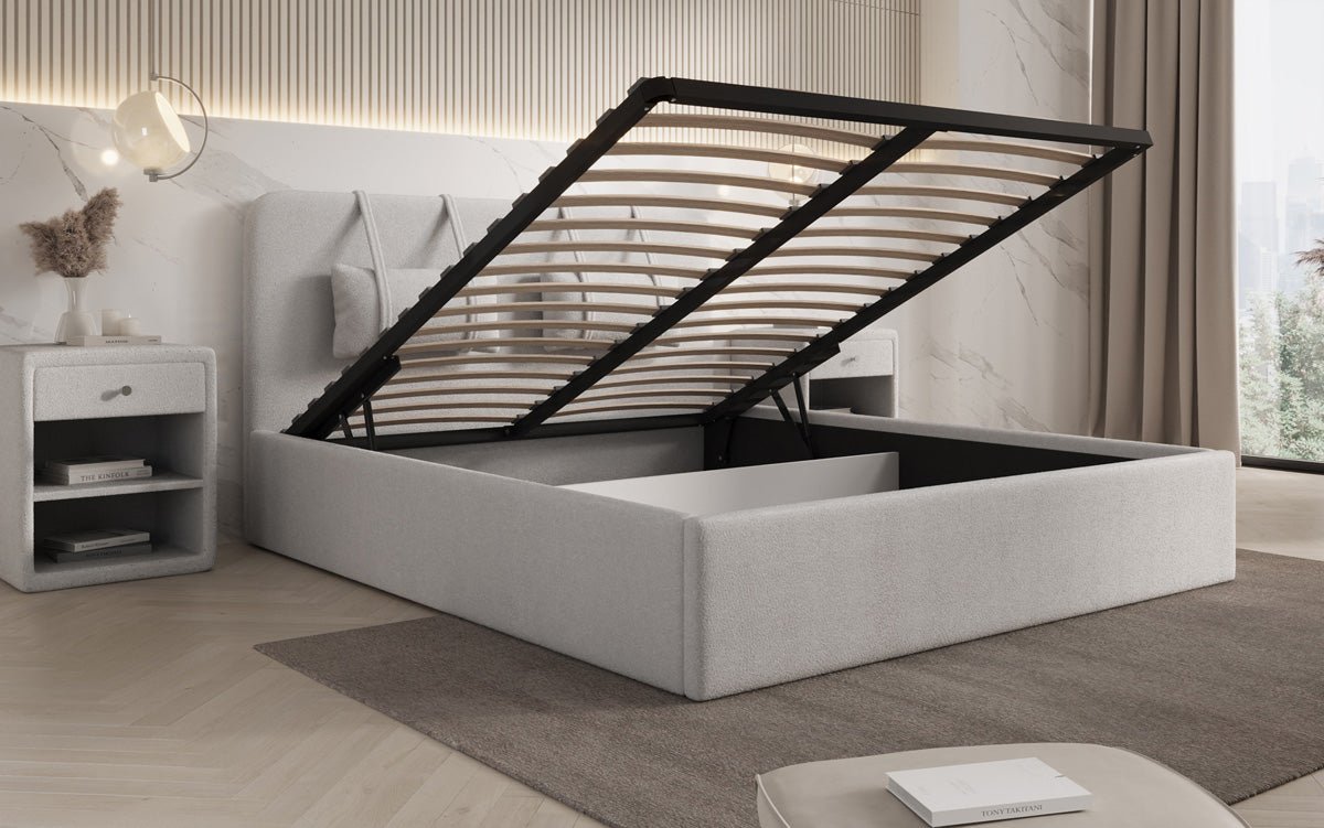 Designer Upholstered Bed Alma in Bouclé with Storage Space