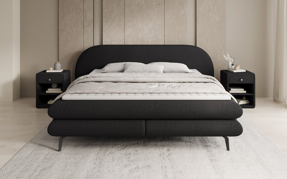 Box spring bed Marisol with oval headboard in bouclé