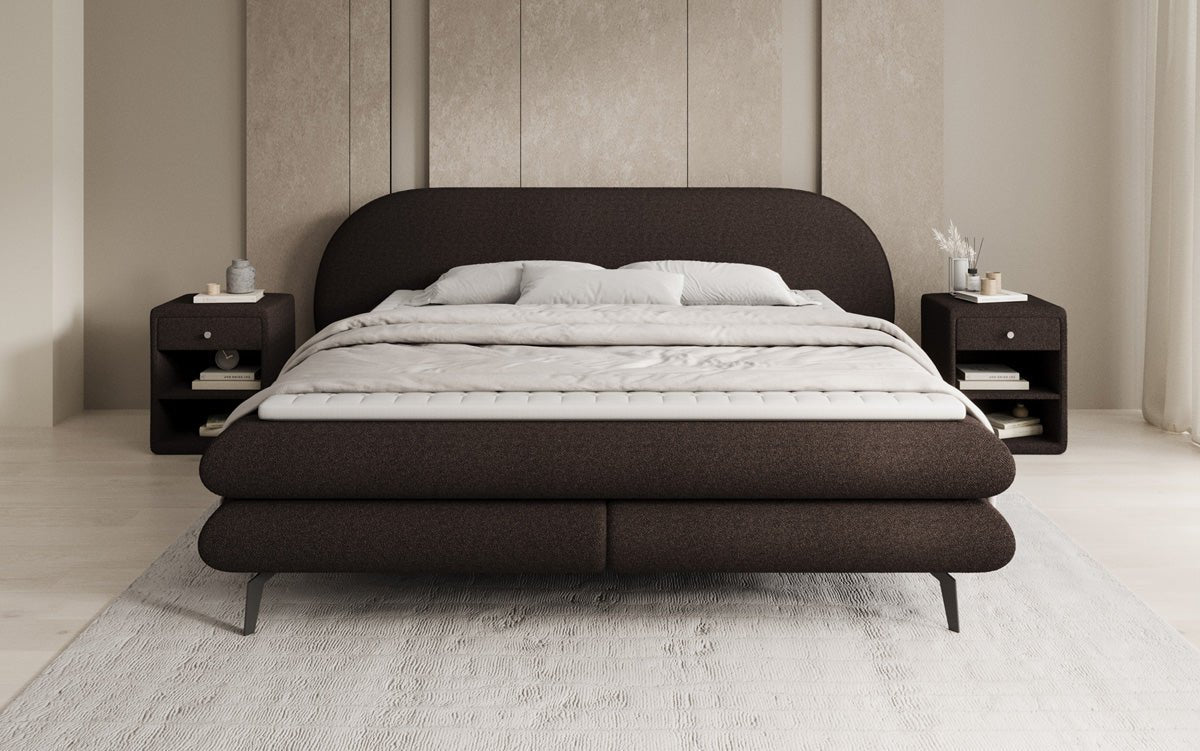 Box spring bed Marisol with oval headboard in bouclé