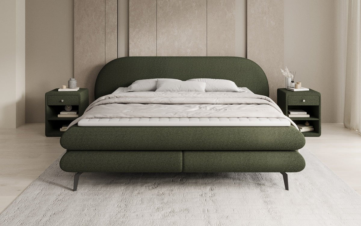 Box spring bed Marisol with oval headboard in bouclé