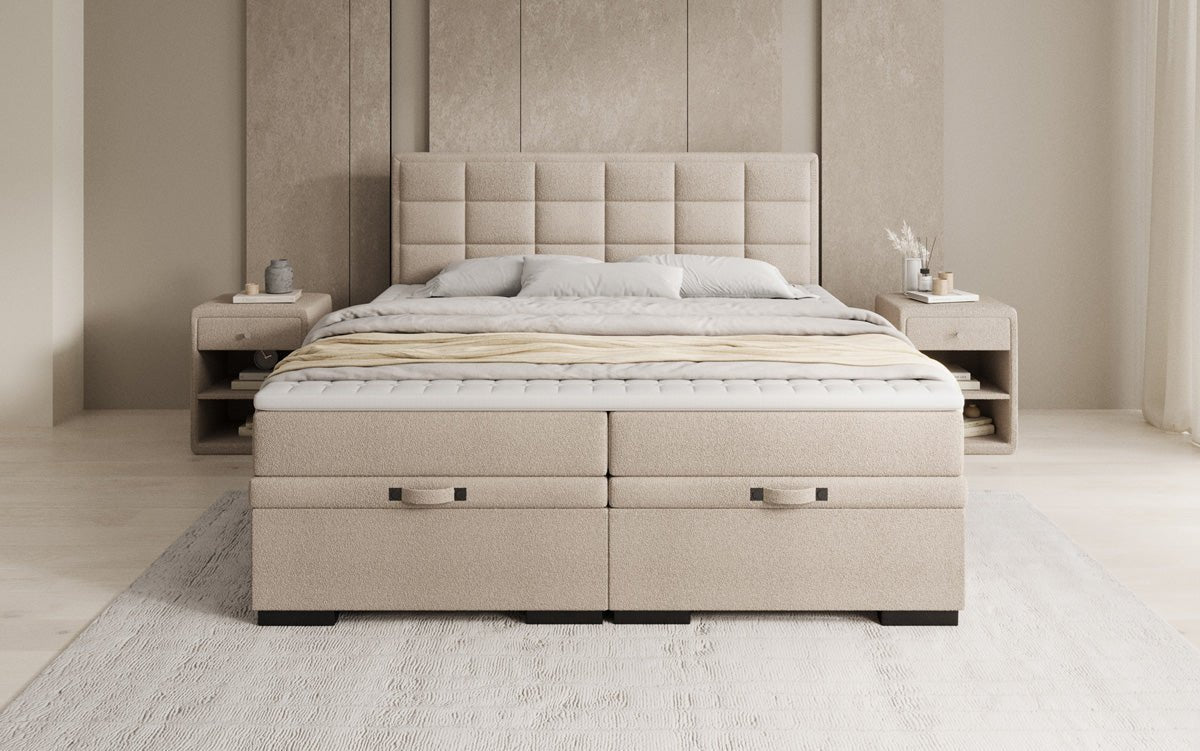 Box spring bed Alessia with storage in teddy bouclé